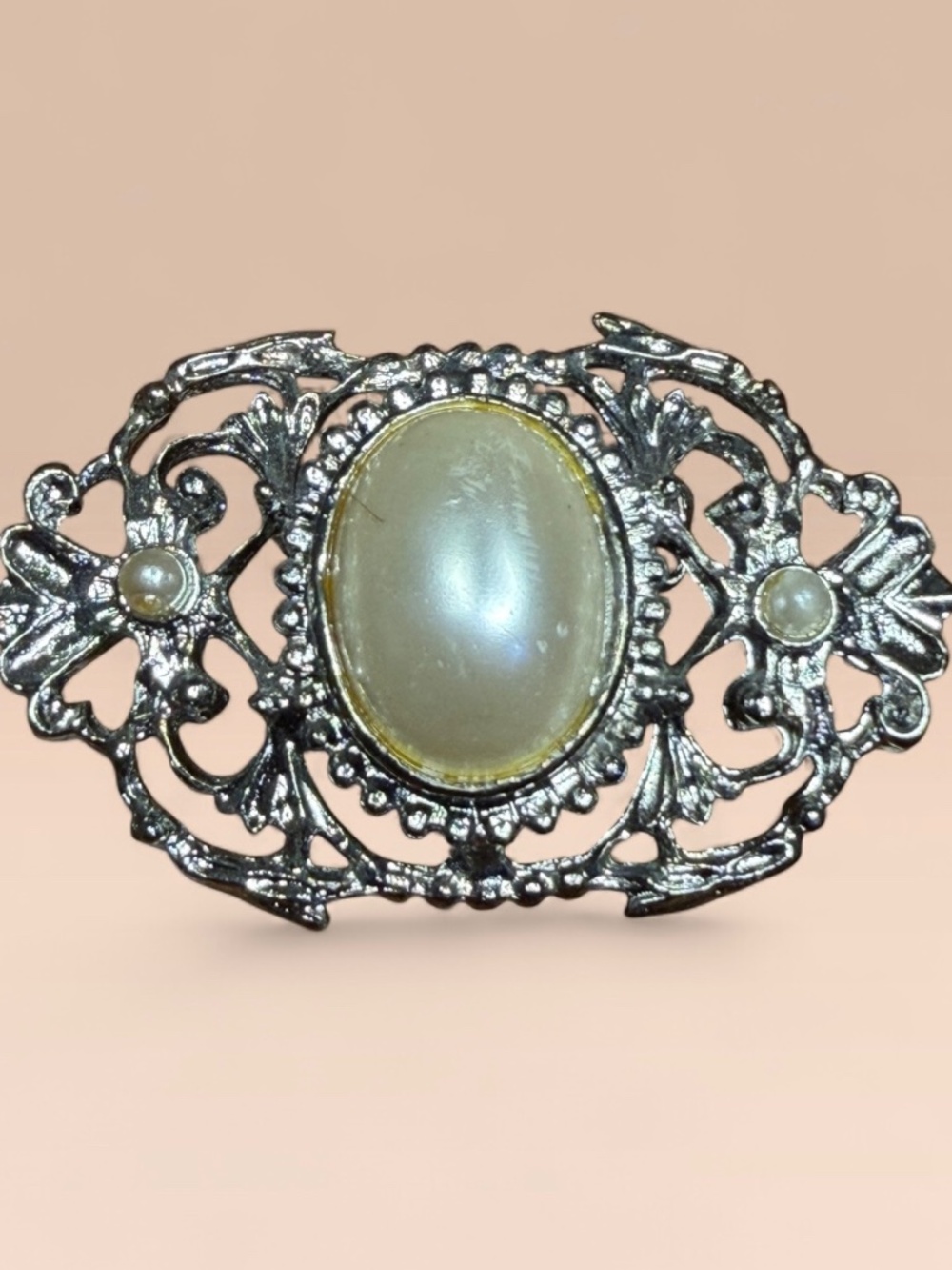 Vintage Faux Pearl Silvertone Filigree Brooch Pin Ornate Floral Design Unsigned